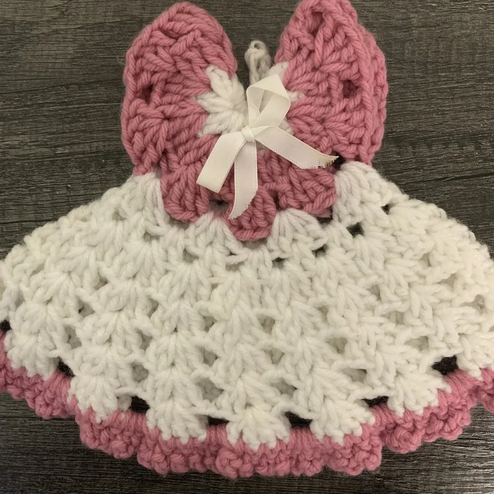 Vintage Crochet Dress‎ Pot Holders Pink White Handmade Kitchen Decor Set of 2